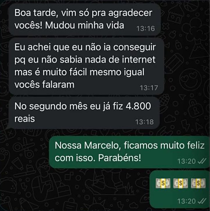 Conversa no WhatsApp: aluno agradece, diz que achou que não ia conseguir e que no segundo mês fez R$ 4.800